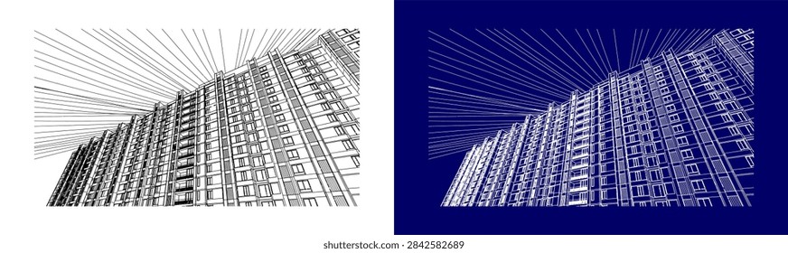 Detailed line drawing and blueprint version of a large apartment complex with numerous balconies and windows shown from a dramatic upward viewpoint