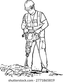 Detailed line drawing of a builder in safety gear operating a jackhammer on a construction site. Ideal for industrial themes.