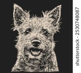 A detailed line drawing of a Cairn Terrier with a playful expression.