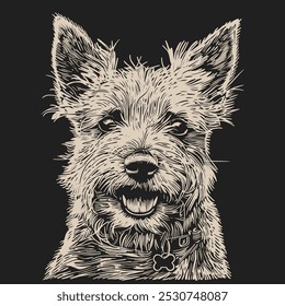 Um desenho de linha detalhado de um Cairn Terrier com uma expressão lúdica.