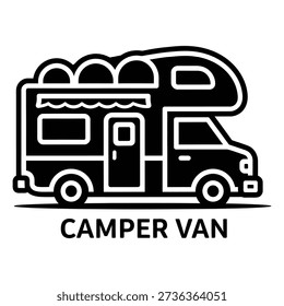 A detailed line drawing of a camper van represents road trips, travel, and mobile living.