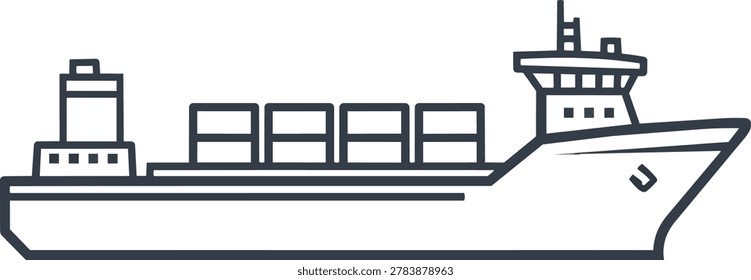 Detailed line drawing of a cargo ship, symbolizing international shipping, logistics, and the global economy.