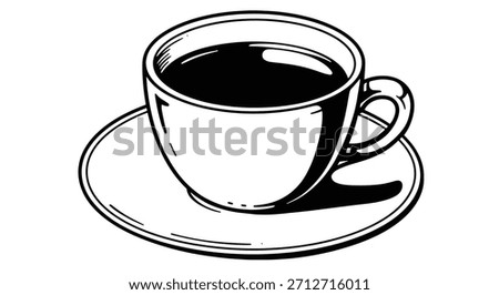 A detailed line drawing of a ceramic coffee cup filled with dark liquid, resting on a matching saucer.
