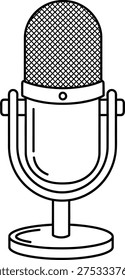 A detailed line drawing of a classic microphone on a stand, showcasing its mesh grill and sturdy base.