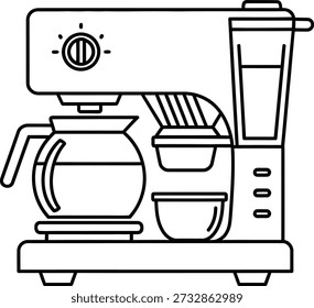 A detailed line drawing of a coffee maker with a built-in grinder and multiple features