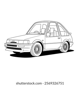 a detailed line drawing of a compact car from both the side and front perspectives, highlighting intricate features like wheels and body design