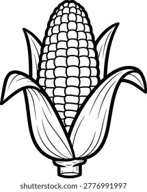 Detailed line drawing of a corn cob with husk, suitable for retro packaging, farm-to-table branding, and autumnal artwork.