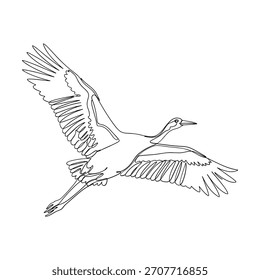 Un dibujo de línea detallado de una grúa en pleno vuelo con las alas extendidas.