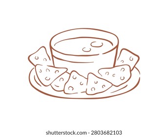 A detailed line drawing of crispy tortilla chips served with a warm, gooey cheese sauce for dipping. An appetizer or snack hand drawn vector illustration for parties, bars, and Mexican restaurants