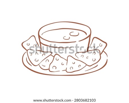 A detailed line drawing of crispy tortilla chips served with a warm, gooey cheese sauce for dipping. An appetizer or snack hand drawn vector illustration for parties, bars, and Mexican restaurants