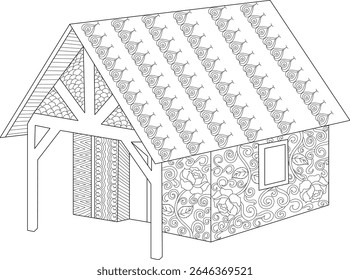 Detailed line drawing of a decorative fantasy house with intricate patterns on its roof and walls, ideal for coloring and creative projects.
