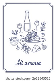 A detailed line drawing depicting an elegant Italian dinner setting featuring a plate of pasta garnished with basil, accompanied by wine, cheese, tomatoes, garlic, olives, and herbs. The illustration 
