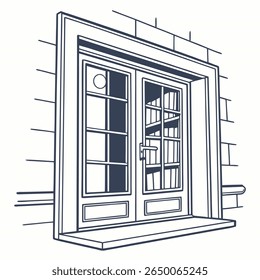 A detailed line drawing depicts a double doorway with multiple glass panes, set within a stone-framed entrance and sill.