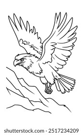 Detailed line drawing of an eagle in flight, perfect for coloring books or educational materials on wildlife and birds of prey