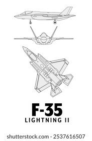 Desenho detalhado da linha de um caça F-35 Lightning II. O jato é retratado em três diferentes vistas: da frente, de cima e do lado