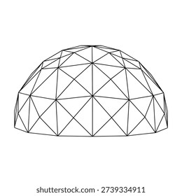 A detailed line drawing of a geodesic dome showcasing its complex network of interconnected triangular panels