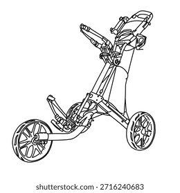 Um desenho de linha detalhado de um carrinho de golfe, mostrando seu design e características, perfeito para ilustrações técnicas ou diagramas.