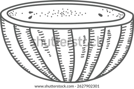 A detailed line drawing of a half melon with seeds and textured rind. The illustration highlights the fruit's interior and exterior patterns. Cartoon vector illustration.