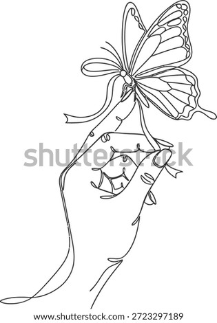 A detailed line drawing of a hand gently grasping a butterfly tied with a ribbon, showcasing intricate details and delicate features, symbolizing the balance between captivity and freedom.