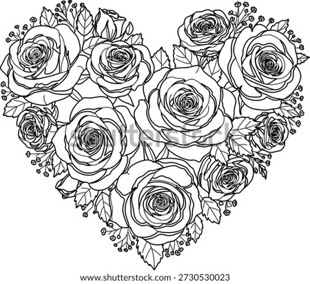 A detailed line drawing of a heart shape filled with various sizes of blooming roses and small buds with leaves.