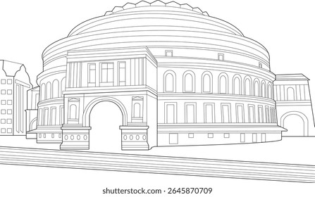 Desenho detalhado da linha do icônico Royal Albert Hall em Londres, Inglaterra. Uma ilustração vetor preto e branco limpo e minimalista perfeito para vários projetos de design e conteúdo de viagem.