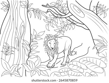 Detailed line drawing illustration of an adult male lion with a large mane walking through a lush tropical jungle environment, surrounded by trees and plants, perfect for wildlife coloring.
