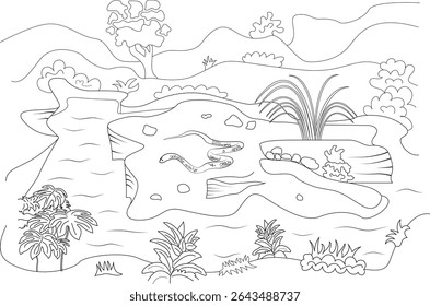 Desenho de linha detalhado de uma paisagem de selva com lagoa e cobra, Uma ilustração de contorno preto e branco representando uma cena exuberante da selva. O desenho apresenta uma lagoa ou rio com uma cobra, cercada