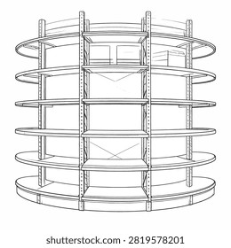 Detailed line drawing of a multi-level building framework showcasing floors, columns, and structural elements in a technical blueprint style.