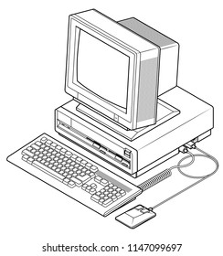 Detailed line drawing of an old vintage/retro obsolete computer.