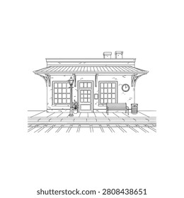 A detailed line drawing of an old-fashioned train station building, featuring a clock, benches, and a lamp.