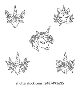 A detailed line drawing of a only unicorns horn, ears, and a floral crown. 