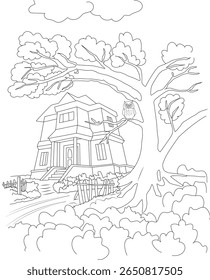 Desenho de linha detalhado de uma coruja em uma árvore por uma casa, ideal para a coloração das crianças, materiais educativos e ilustrações simples.