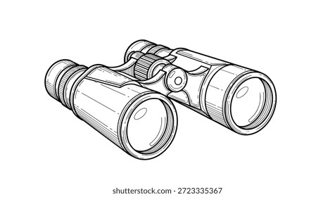 Desenho de linha detalhado de um par de binóculos de campo usado para observação de aves e escotismo a partir de uma perspectiva lateral.