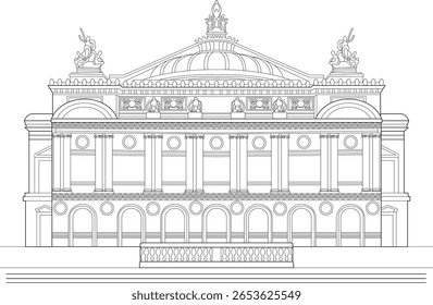 Desenho detalhado da linha de Paris Op�ra Garnier. Icônica arquitetura francesa, marco histórico, ilustração de design clássico.
