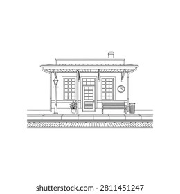 A detailed line drawing of a quaint, old-fashioned train station building facade, featuring windows, a door, a bench, and a clock.