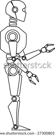 A detailed line drawing of a robot with a humanoid body, showcasing its mechanical limbs and joints, with one hand open as if gesturing or offering something.
