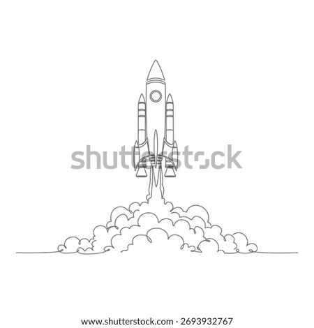 A detailed line drawing of a rocket ascending with a dramatic plume of smoke and fire.