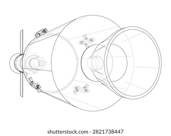 a detailed line drawing of a rocket engine nozzle showcasing its structure, components, and design features. Vector. 3D Illustration