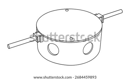 Detailed line drawing of a round electrical junction box with conduit. This vector image is a schematic representation of electrical components for installations.