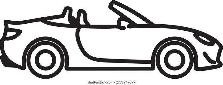 A detailed line drawing of a sleek convertible sports car in black lines on a white background, showcasing its modern design and open top with two seats visible
