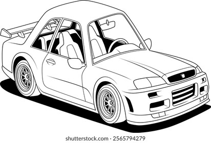 a detailed line drawing of a sleek sports car with a large rear spoiler, bucket seats, and intricate wheel designs, highlighting its high-performance and sporty features