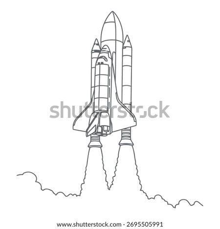 A detailed line drawing of a space shuttle ascending into the sky with powerful exhaust plumes.