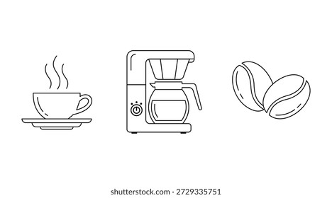Un dibujo detallado de una taza de café caliente humeante en un platillo, una cafetera con un diseño elegante y dos granos de café, todo en un estilo simple pero elegante sobre un fondo blanco puro