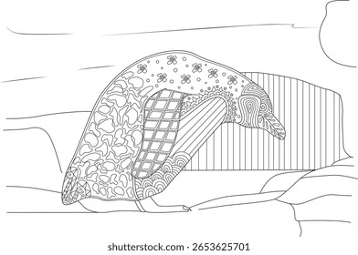 Desenho de linha detalhado de um pinguim estilizado, com padrões elaborados, ideal para colorir, atenção plena e projetos de design criativo.