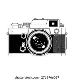 A detailed line drawing of a vintage camera with lens, viewfinder, and controls.