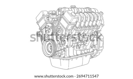 Detailed line drawing of a V-type internal combustion engine, showcasing its intricate mechanical components and accessory belt drive system.