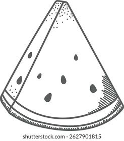 A detailed line drawing of a watermelon slice with seeds and textured rind. The sketch style emphasizes the fruit's triangular shape and dotted surface. Cartoon vector illustration.