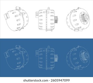  Detailed Line Drawings of an Alternator – Technical Illustration for Engineering and Industry
