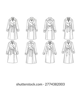 Detailed line drawings of eight robe styles on mannequins, showcasing various fashion designs and sartorial details.