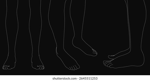 Desenhos de linha detalhados de pés humanos em formas e tamanhos variados, cada um com contornos finos e precisos. O fundo preto contrasta acentuadamente as linhas brancas, aumentando a sensação de movimento